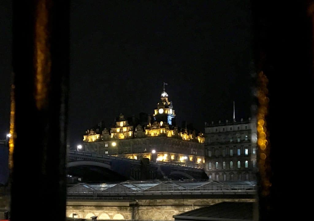 The Balmoral Hotel at night.