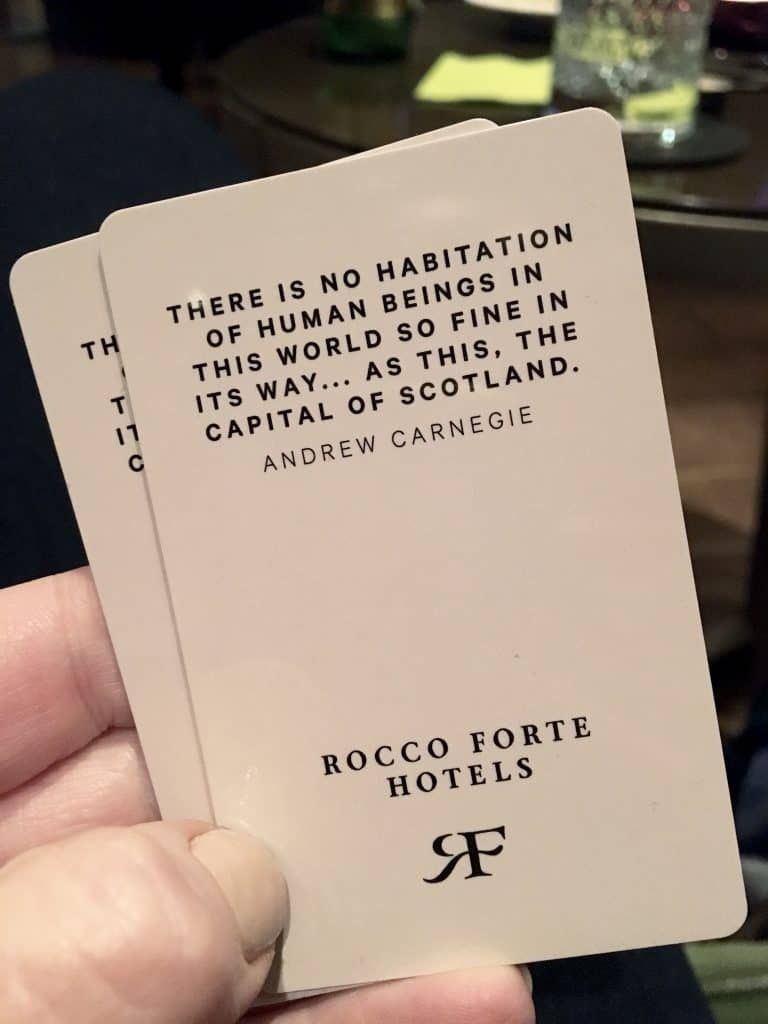Balmoral room keys with Andrew Carnegie quote!
