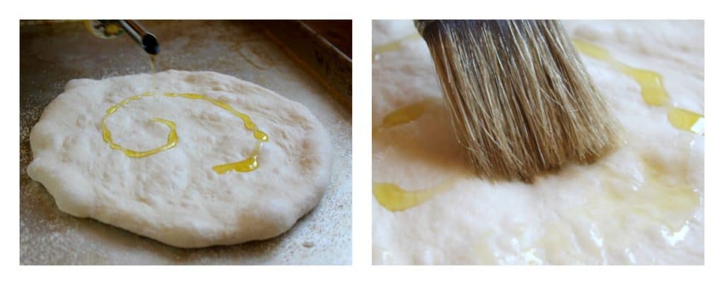 Oiling focaccia dough for burrata and prosciutto focaccia