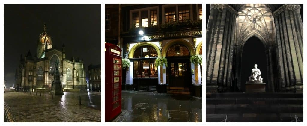 Sights in rainy Edinburgh at night.