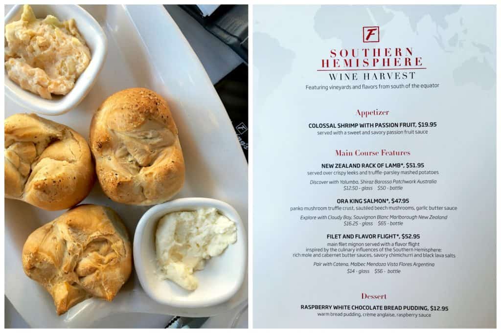 Fleming's Prime Steakhouse bread and menu