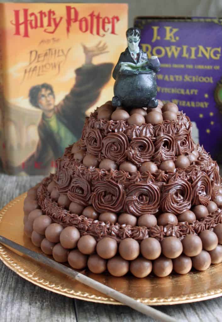 Harry Potter Maltesers chocolate buttermilk cake with candle and wand