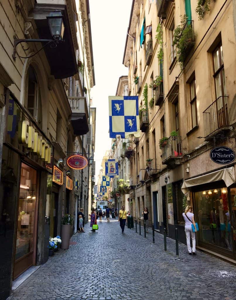 cobblestone street in Turin