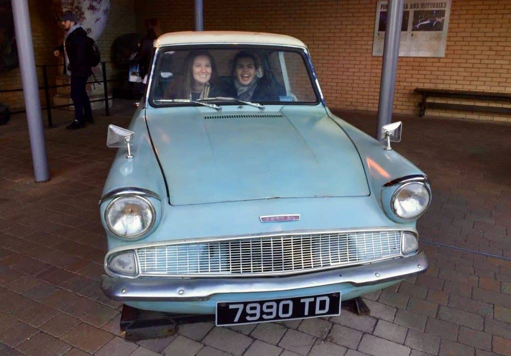 Girls in the Harry Potter flying car at London WB Studio Tour