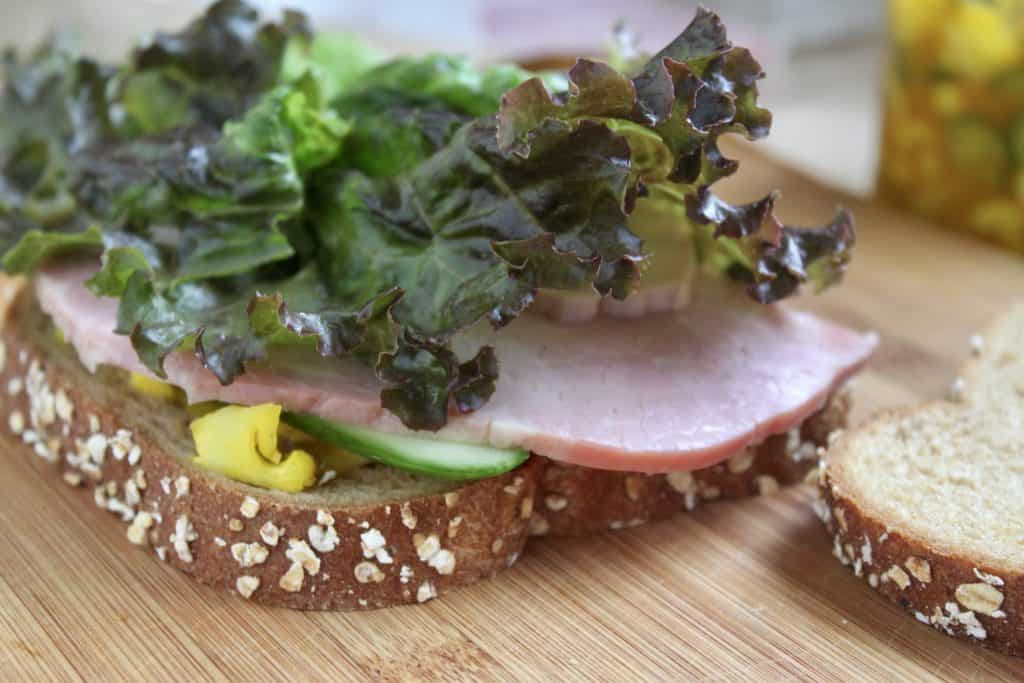 close up of Ham, piccalilli and cucumber sandwich