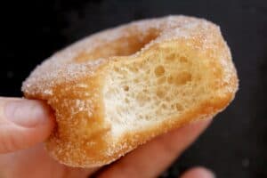 close up of a bitten vegan handheld doughnut