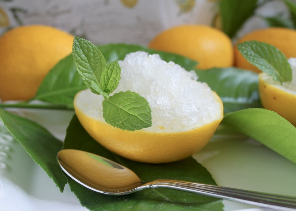 Lemon granita in lemon shell