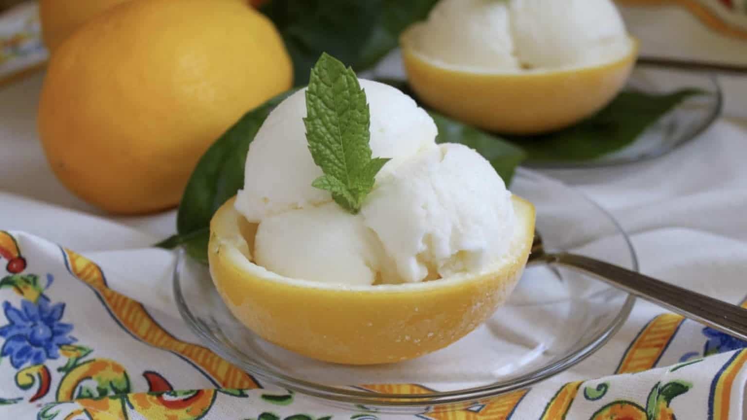 lemon ice cream in a frozen lemon rind