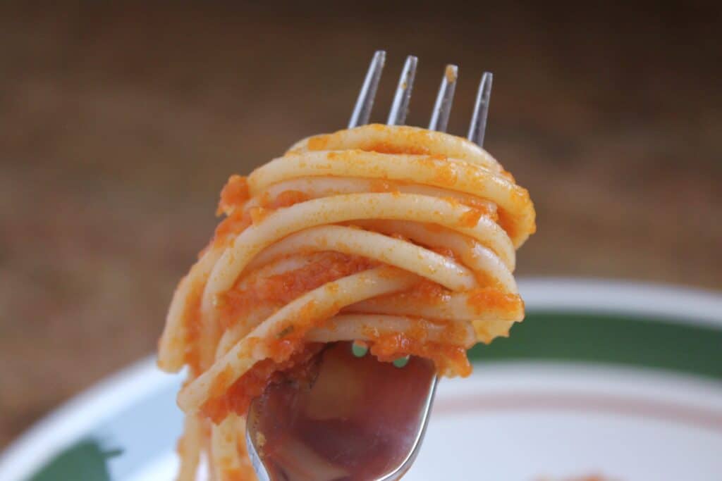 forkful of pasta with fresh tomato sauce