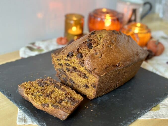 pumpkin chocolate chip bread with candles