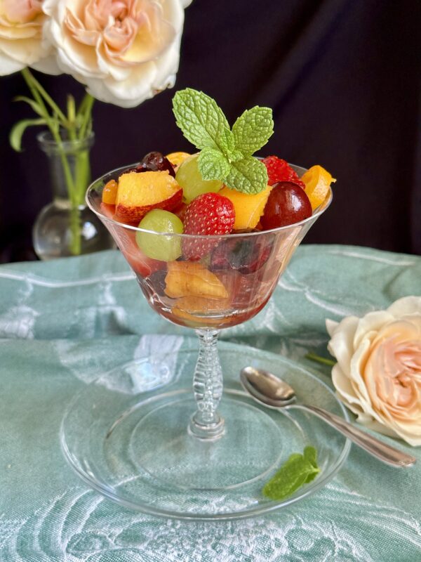 Macedonia fruit salad in a coupe glass
