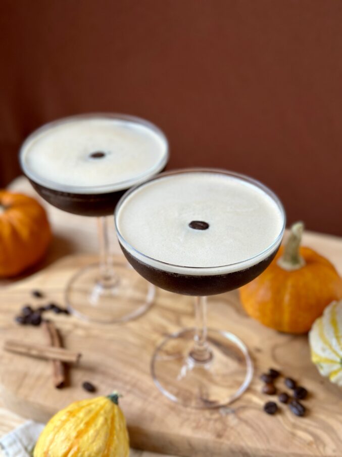 pumpkin spice espresso martini with pumpkins