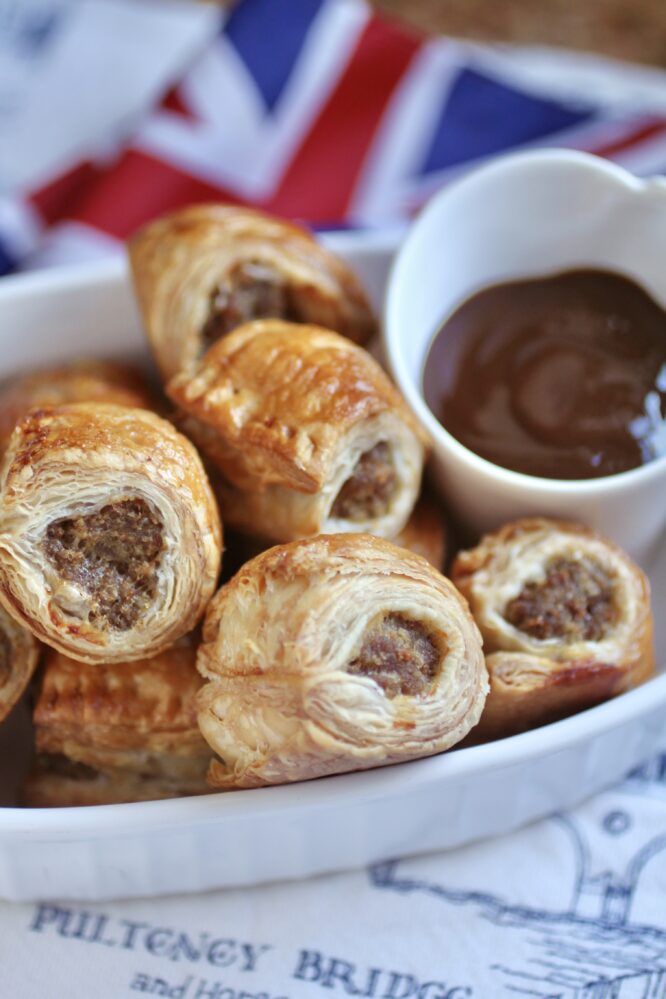 Sausage rolls recipe mini ones in bowl with HP Sauce