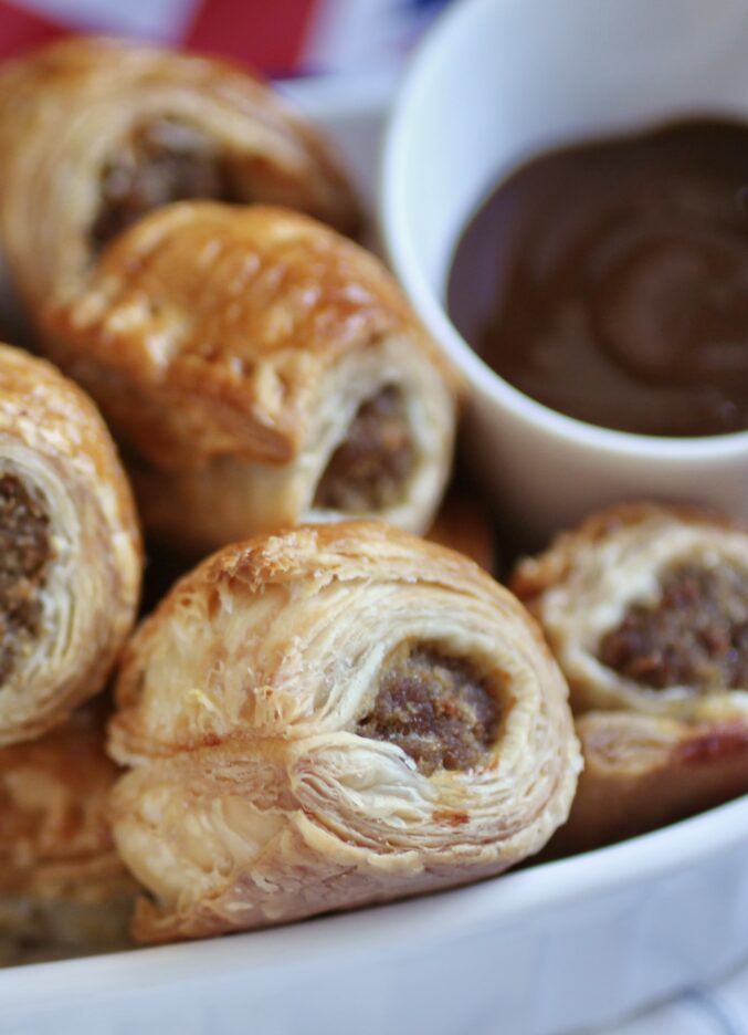 Sausage rolls recipe mini ones in bowl with HP Sauce