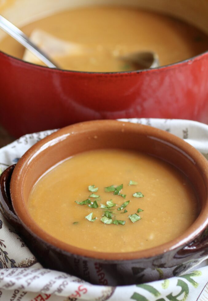 marrow soup in bowl with pot