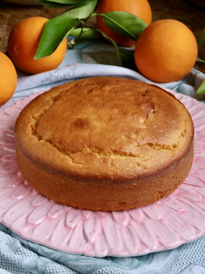 cake on plate with fresh oranges